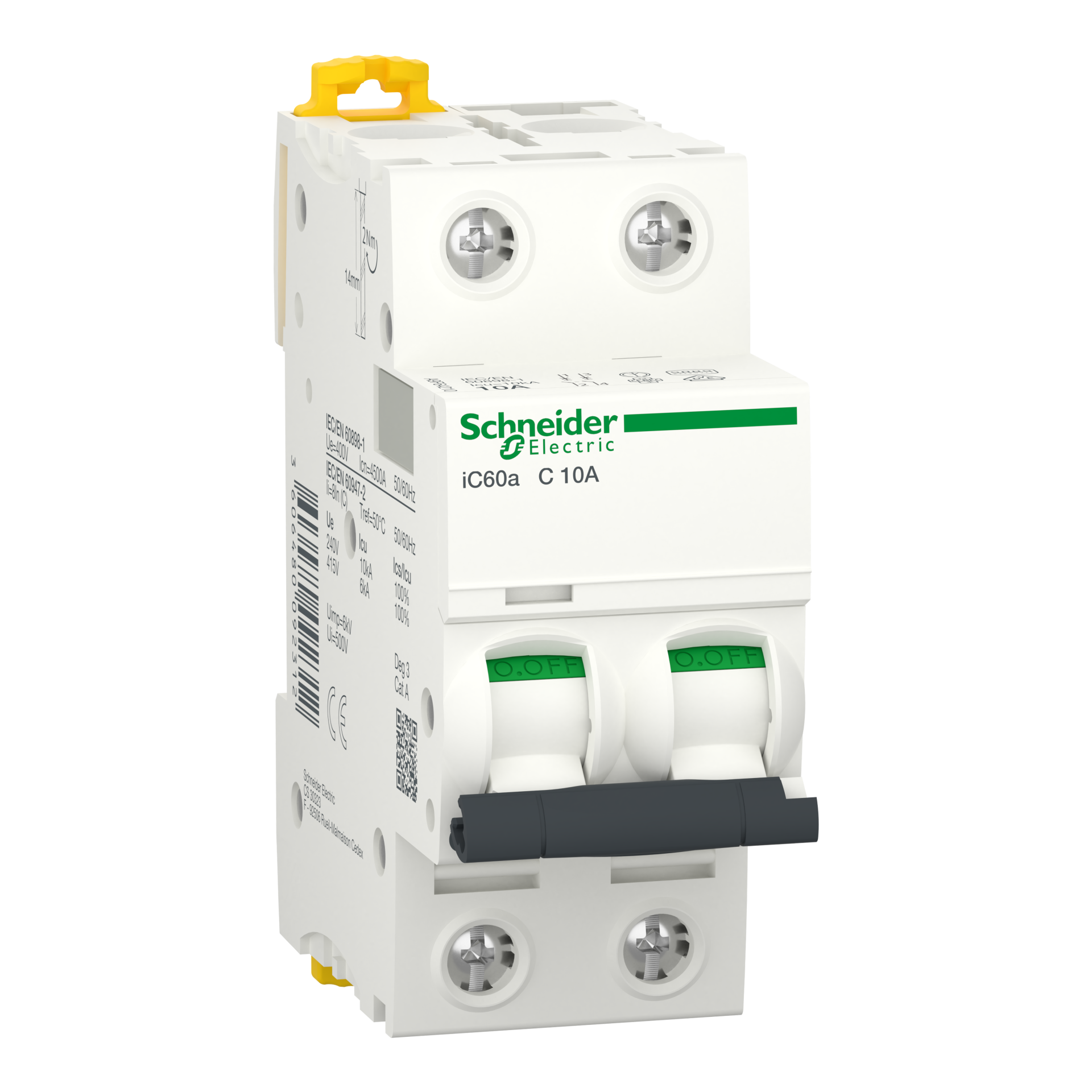 Miniature Circuit-Breaker, Acti9 Ic60A, 2 Pole, 10 A, C Curve, 4500 A (Iec 60898-1), 6 Ka (Iec 60947-2), A9F64210