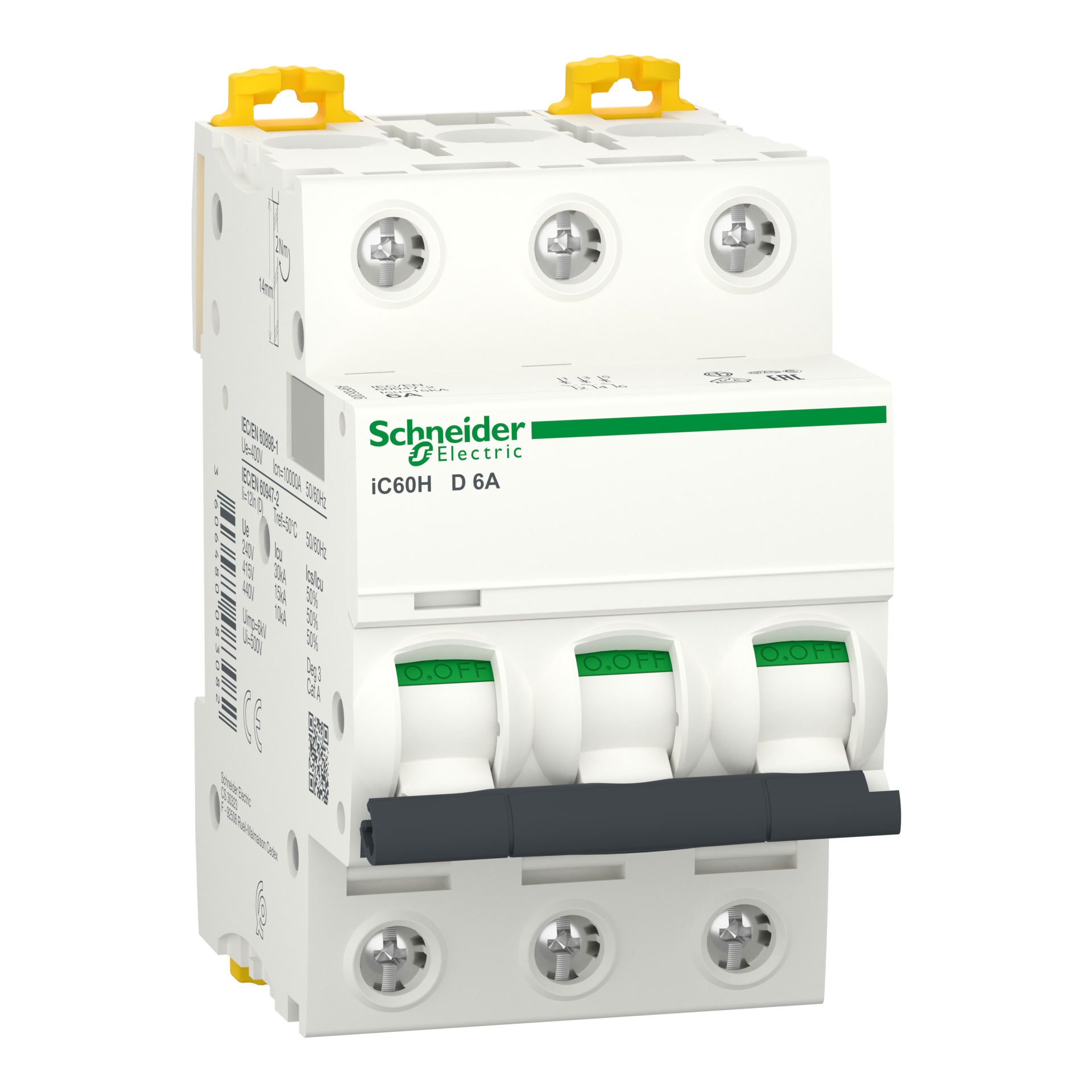 Miniature Circuit-Breaker, Acti9 Ic60H, 3P, 6 A, D Curve, 10000 A (Iec 60898-1), 15 Ka (Iec 60947-2), A9F85306