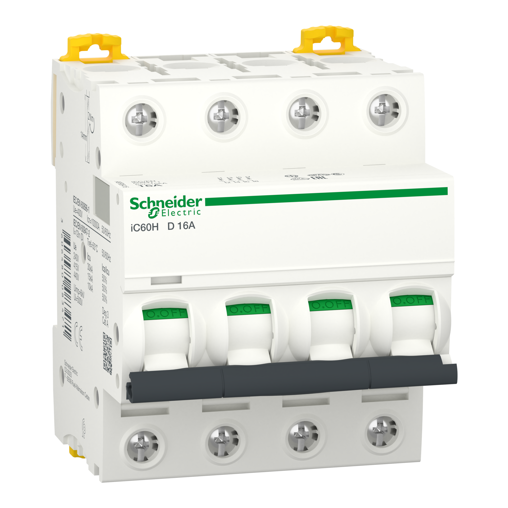 Miniature Circuit-Breaker, Acti9 Ic60H, 4P, 16 A, D Curve, 10000 A (Iec 60898-1), 15 Ka (Iec 60947-2), A9F85416