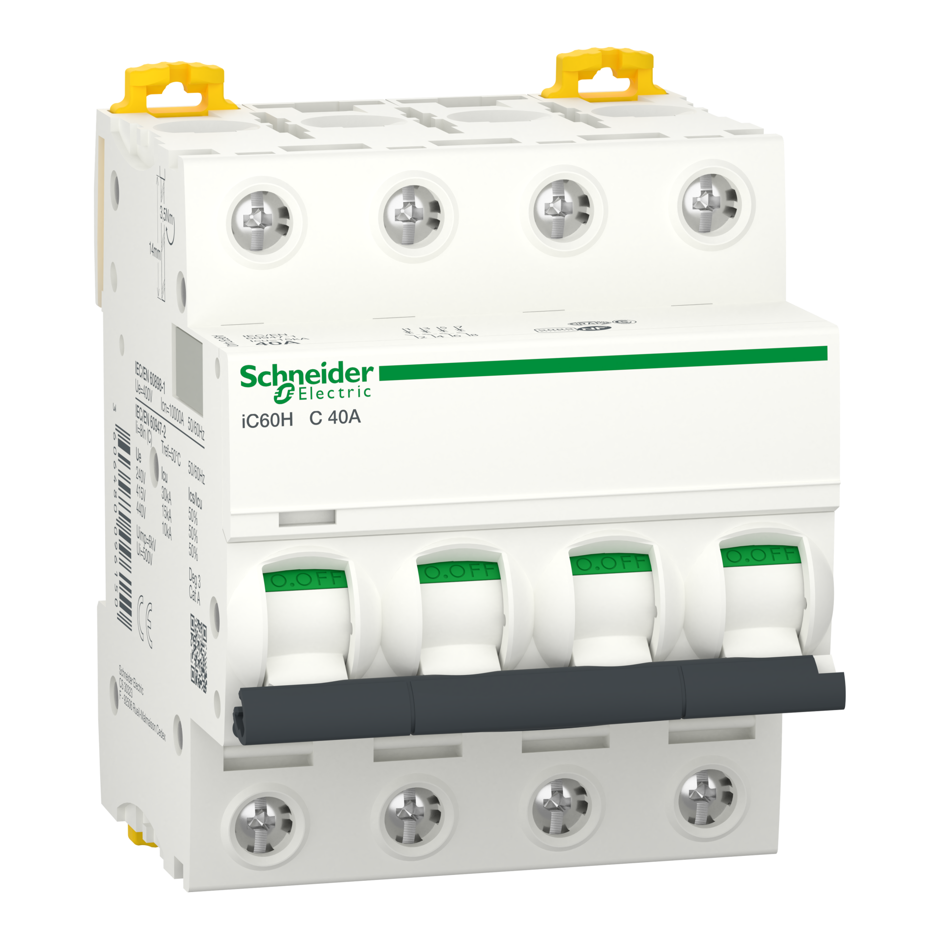 Miniature Circuit-Breaker, Acti9 Ic60H, 4P, 40 A, C Curve, 10000 A (Iec 60898-1), 15 Ka (Iec 60947-2), A9F87440