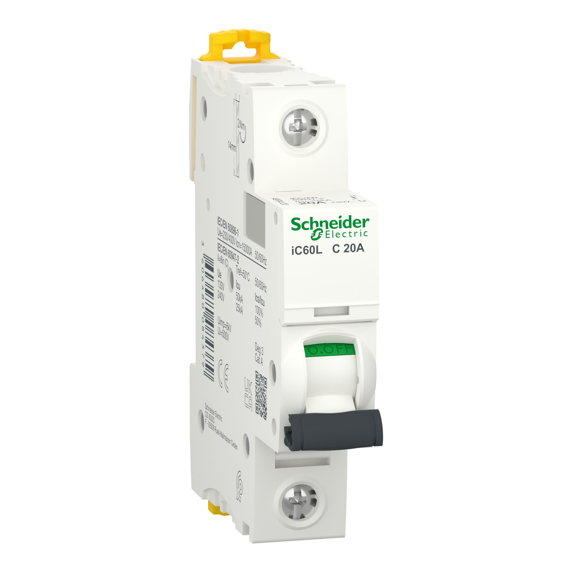 Miniature Circuit-Breaker, Acti9 Ic60L, 1P, 20 A, C Curve, 15000 A (Iec 60898-1), 25 Ka (Iec 60947-2), A9F94120