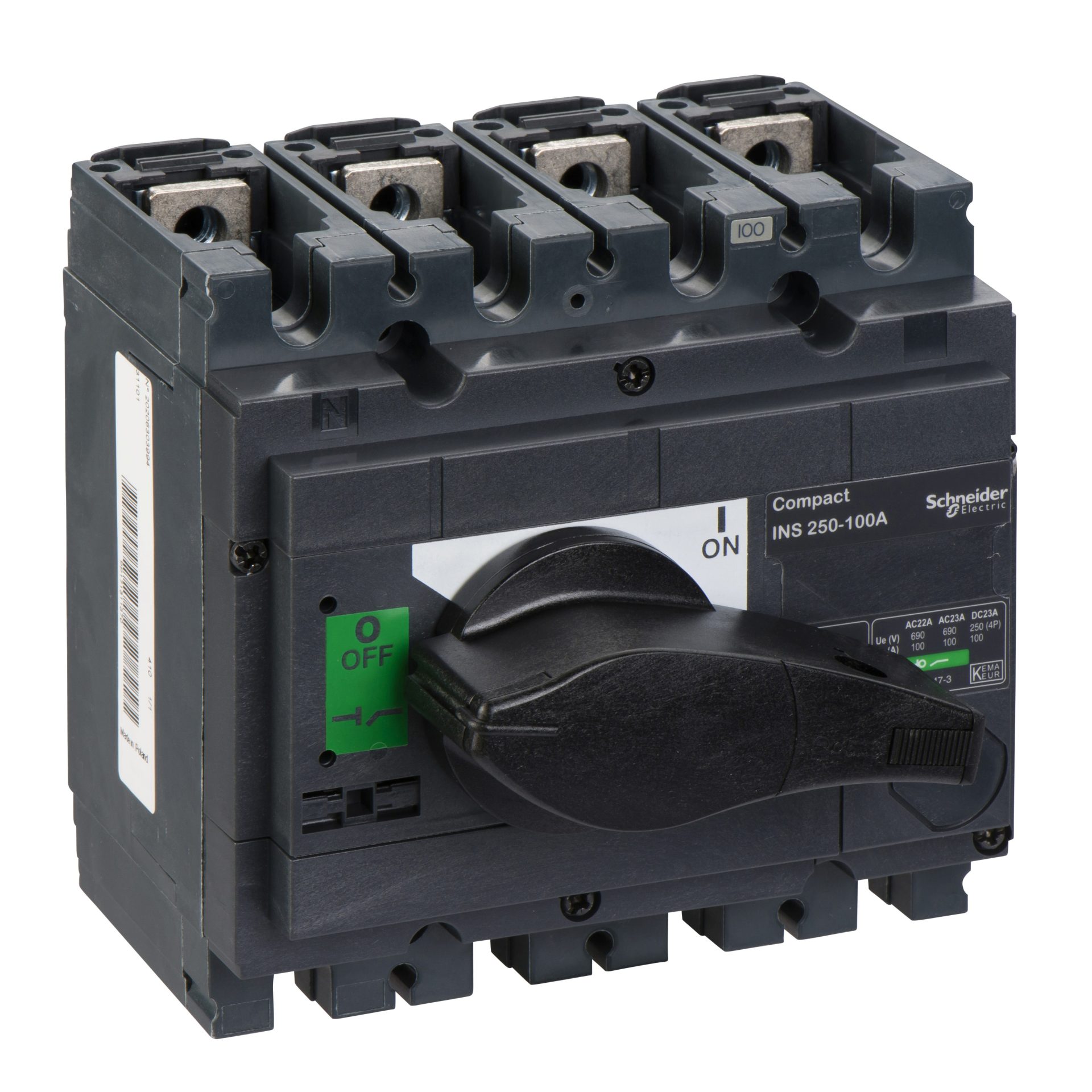 Switch Disconnector, Compact Ins250-100 , 100 A, Standard Version With Black Rotary Handle, 4 Poles, 31101