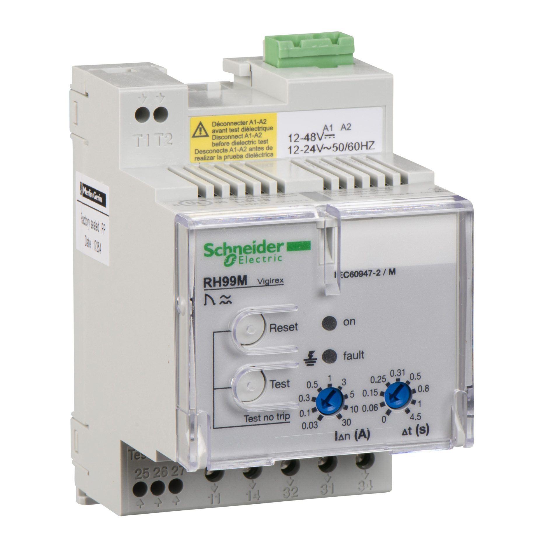 Residual Current Protection Relay, Vigipact Rh99M, 30 Ma To 30 A, 12/24 Vac 50/60 Hz, 12/48 Vdc, Din Rail Mounting, 56170